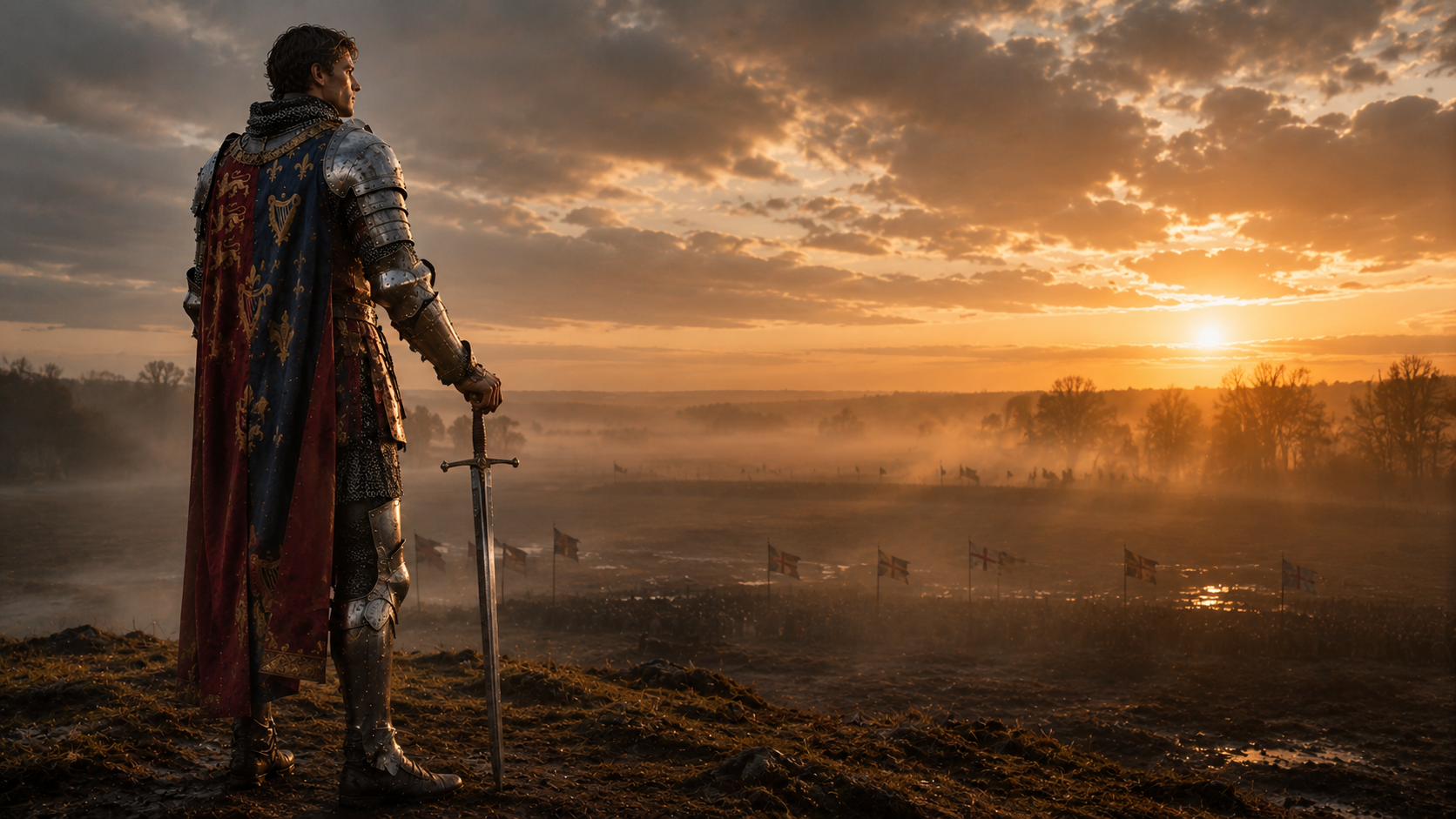 King Henry V standing tall overlooking Agincourt battlefield at sunrise