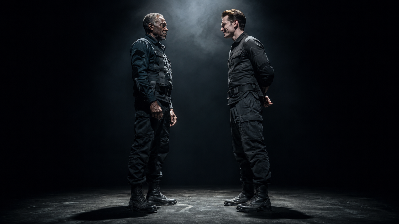 Actors portraying Othello and Iago in modern military fatigues during the tense New York Broadway revival.