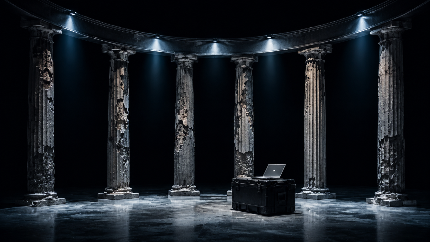 Minimalist stage design featuring peeling columns and cold blue lighting for the Kenny Leon Othello New York production.