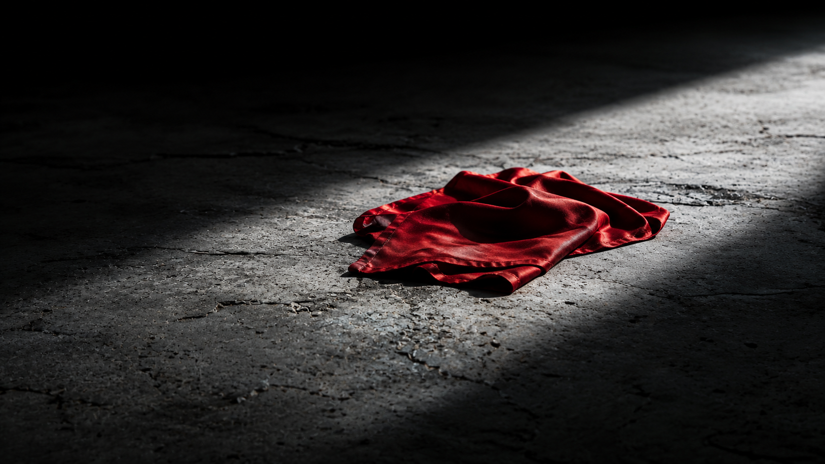 A blood-red silk handkerchief resting on cold concrete, symbolizing the tragic legacy of Shakespeare's Othello in modern theater.