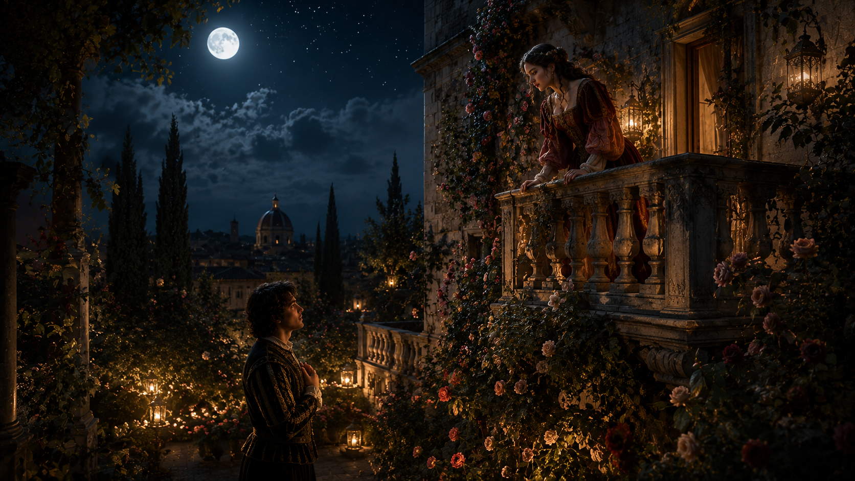Romeo and Juliet famous balcony scene in moonlight