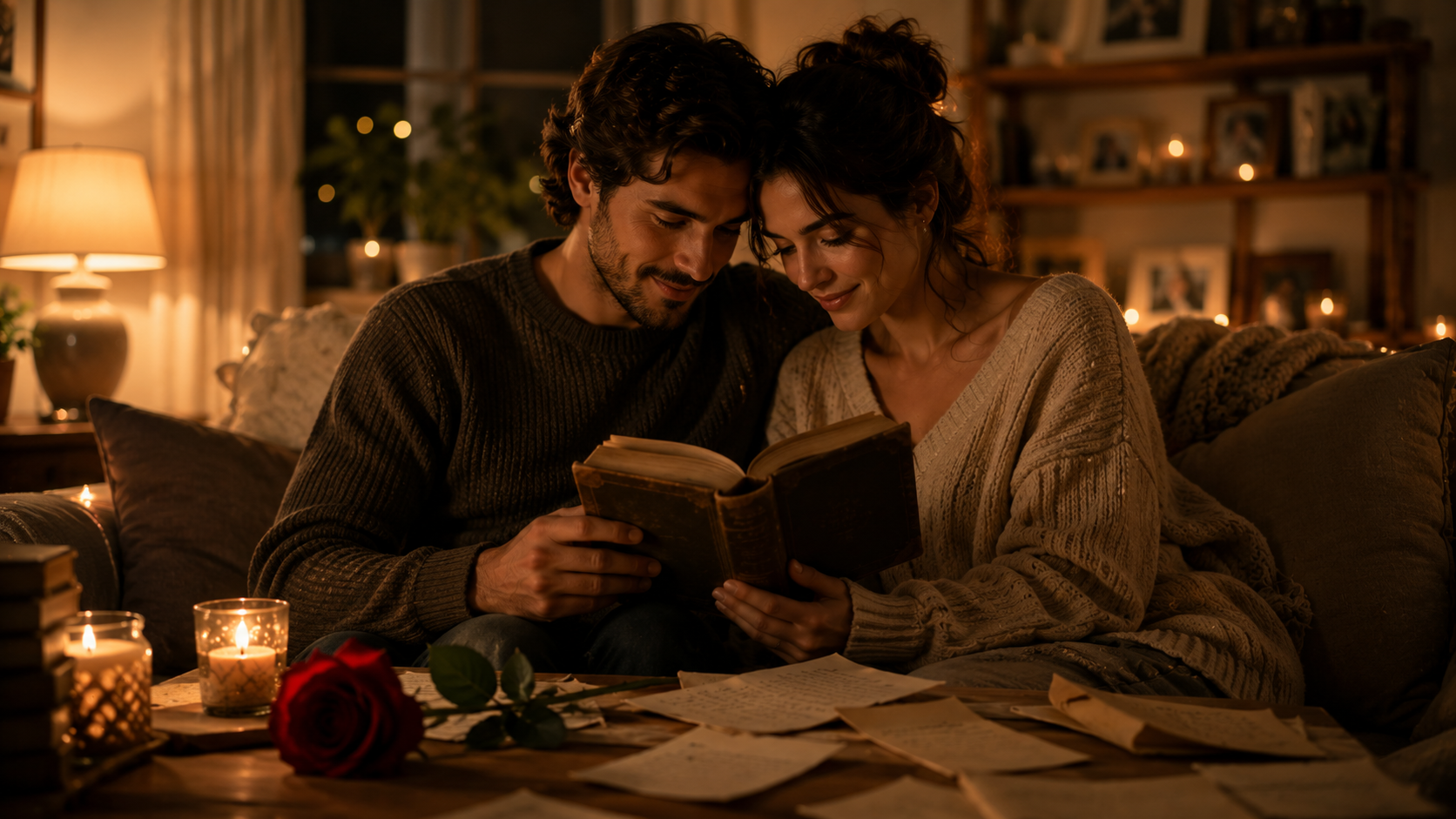 Modern couple using Shakespeare love scripts for romance and inspiration