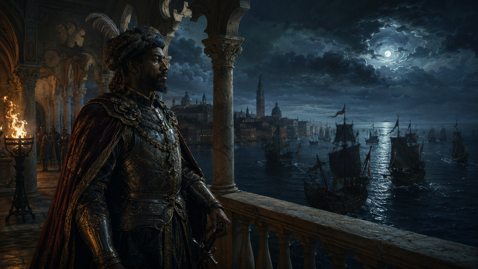 Othello standing in Venice overlooking stormy sea to Cyprus - historical context of Shakespeare's tragedy