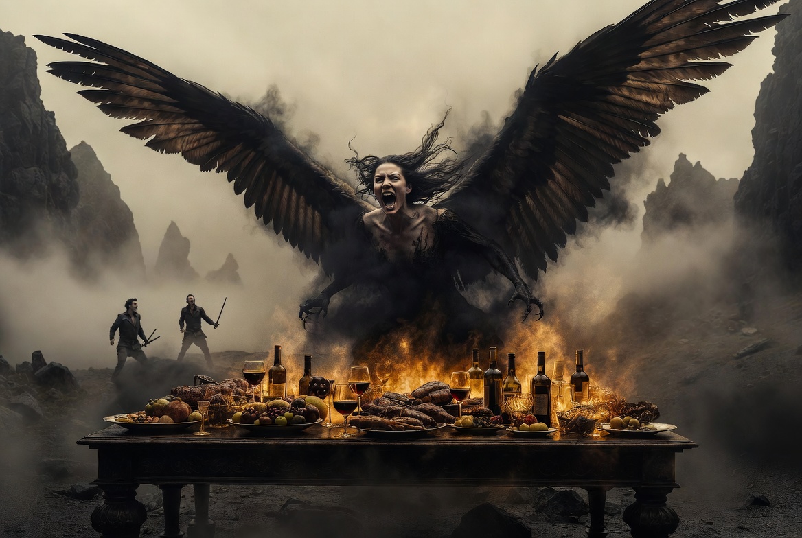 A visualization of the moment Ariel, appearing as a Harpy, creates the illusion of a banquet for Alonso and Antonio.Note: Place this image under the subheading: Act 3: Love, Illusions, and the Banquet (Specifically, below 'Scene 3: The Harpy's Warning')