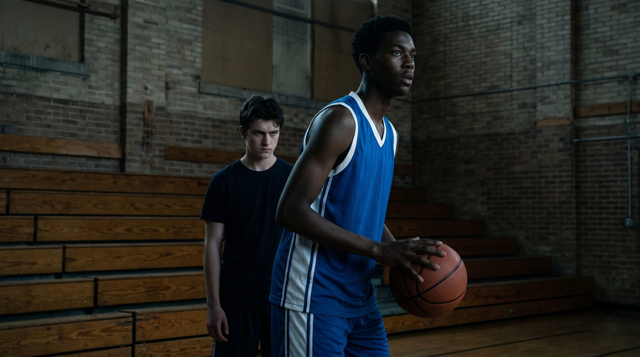 Two high school basketball players on a court, one Black player focused and one white player looking on with envy, symbolizing the characters Odin and Hugo from the film O (2001).