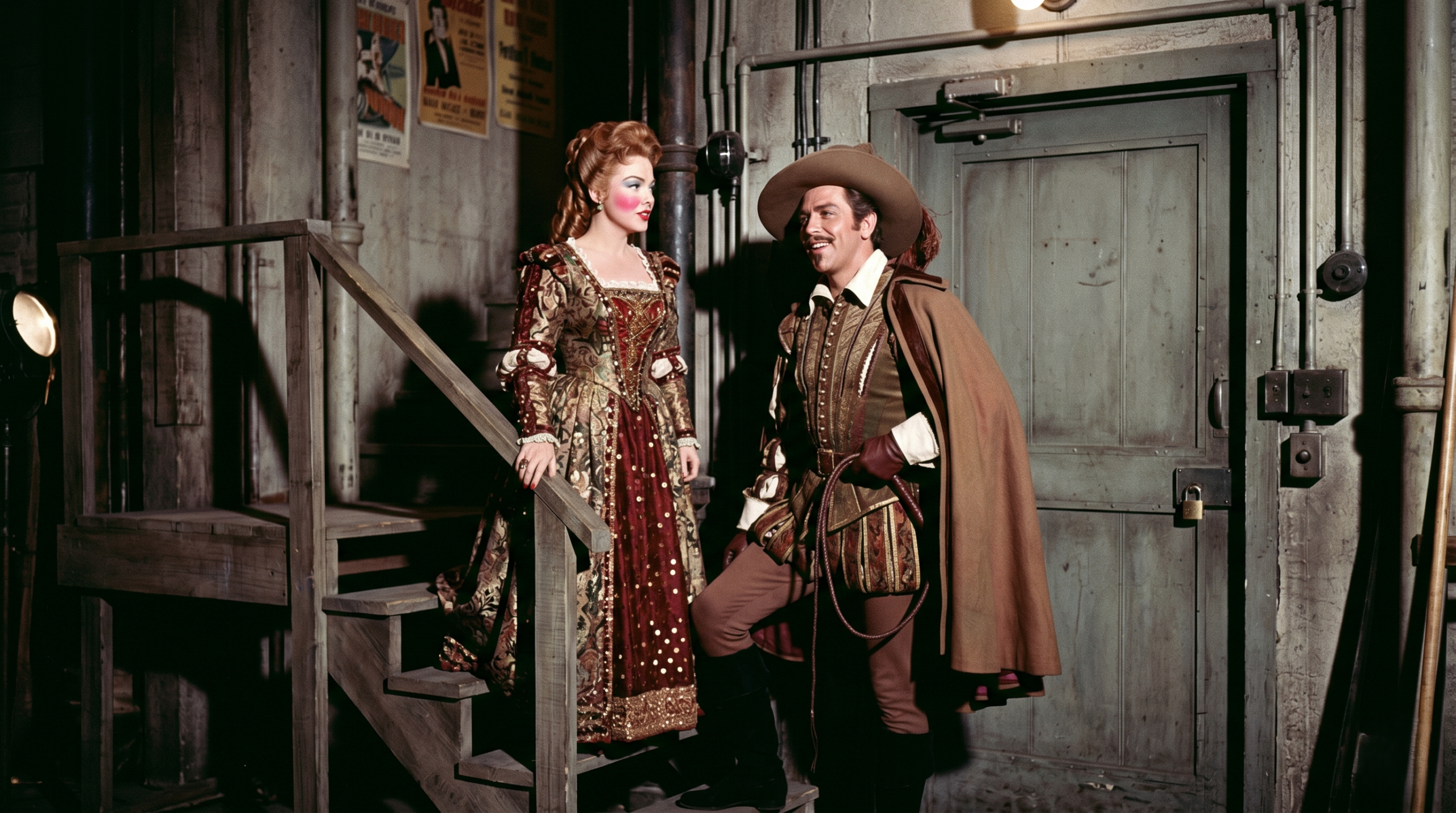 Backstage photo of actors in full Renaissance costume for a production of Kiss Me, Kate, capturing the meta-theatrical 1950s aesthetic.