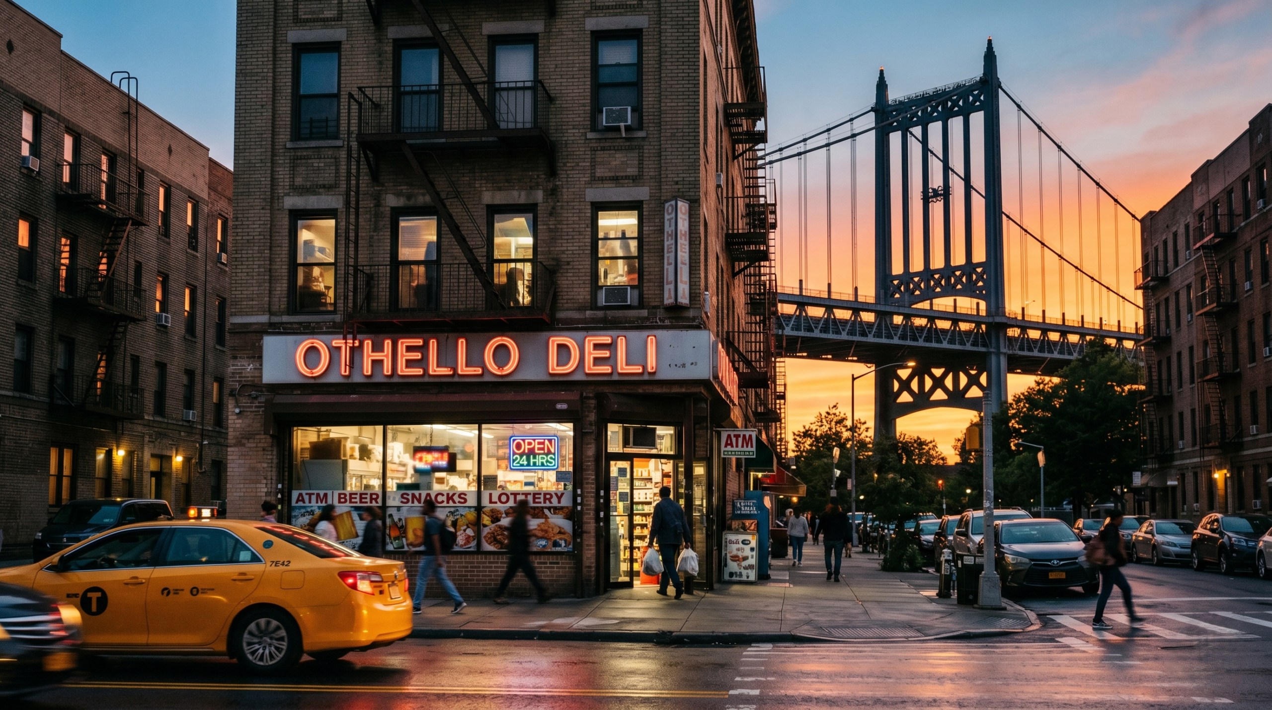 Exterior view of Othello Deli in Astoria, Queens, at sunset with the RFK Triborough Bridge silhouette in the background.