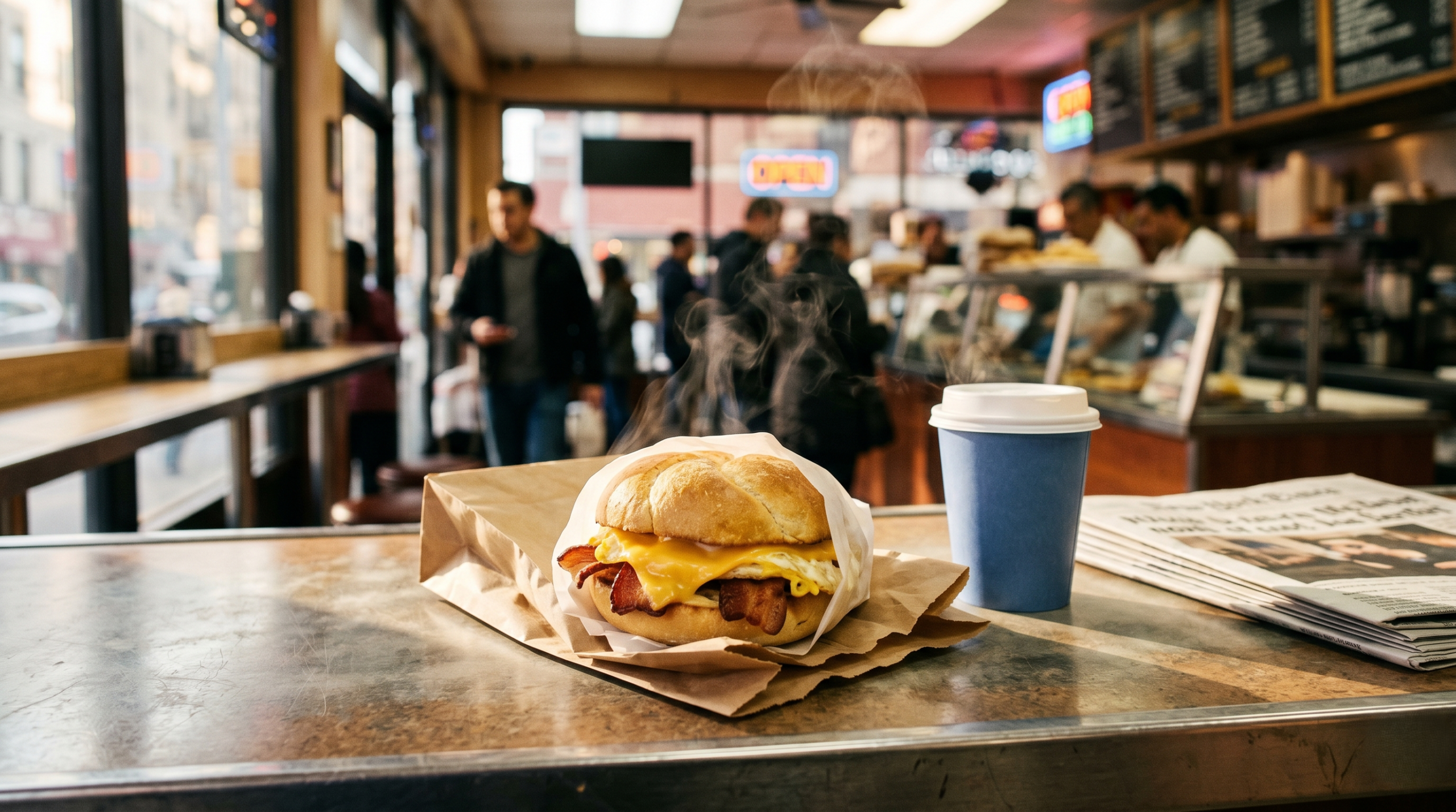 Steaming NYC bacon, egg, and cheese (BEC) sandwich on a roll with a paper coffee cup on a deli counter at morning.