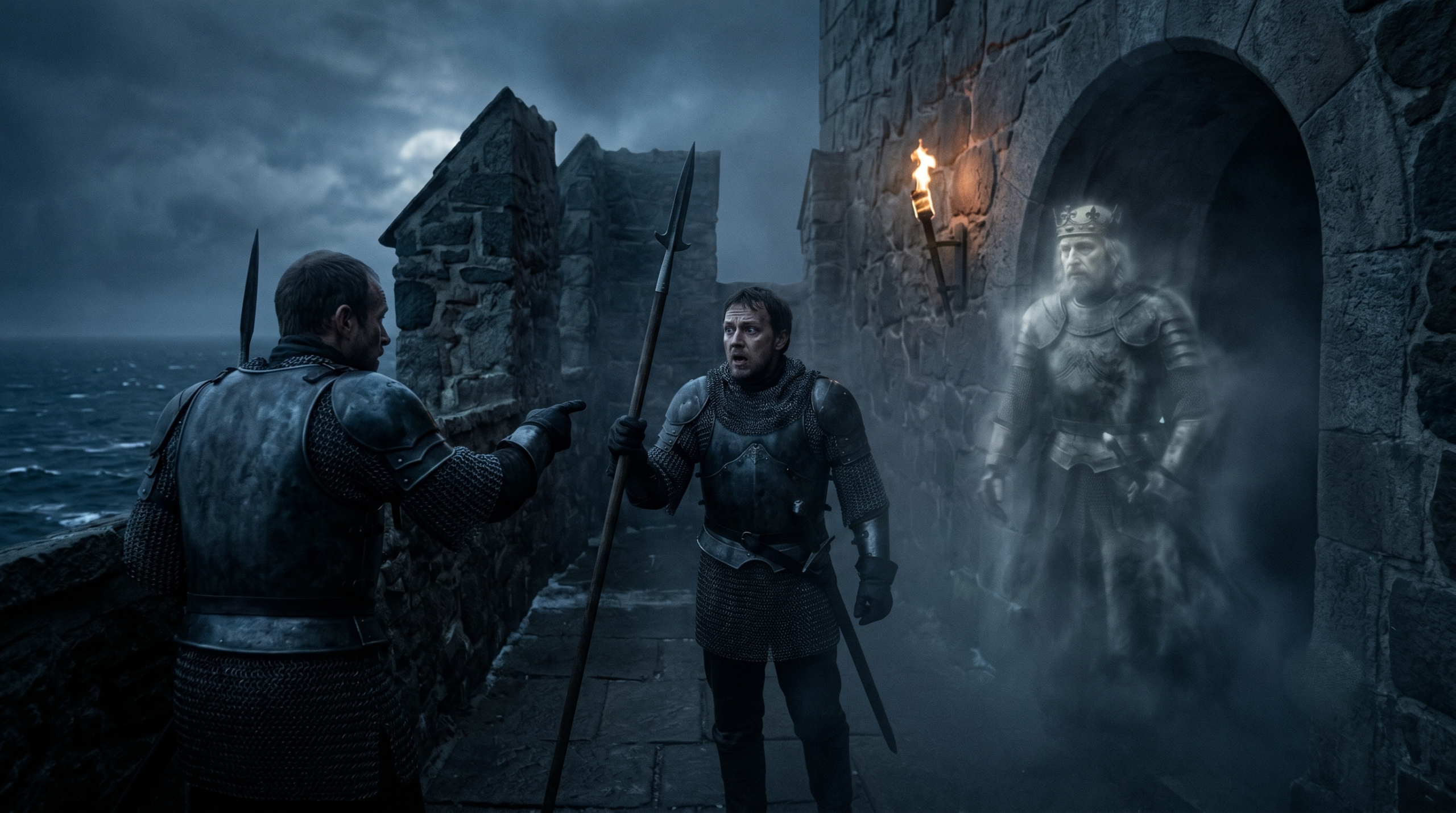 A dramatic, close-up photograph of Prince Hamlet and Ophelia during their volatile confrontation in a castle chamber.