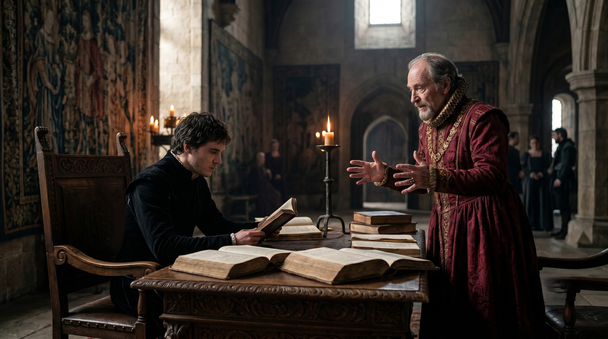 A somber, wide-angle photograph of the final scene in Hamlet, showing Prince Hamlet dying in Horatio’s arms amidst the fallen court.