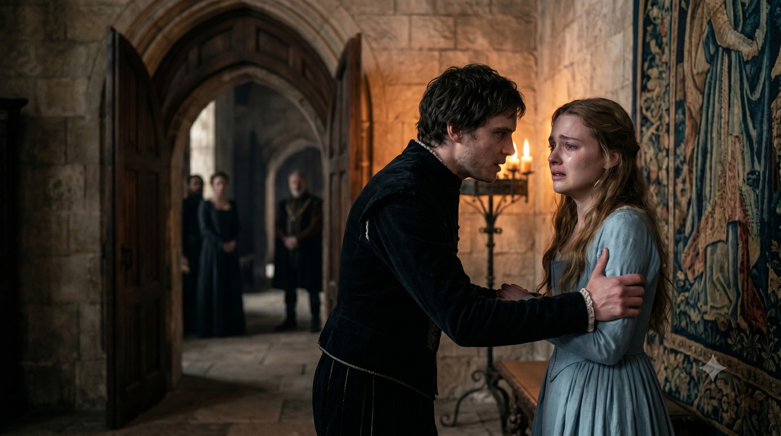 A somber, wide-angle photograph of the final scene in Hamlet, showing Prince Hamlet dying in Horatio’s arms amidst the fallen court.