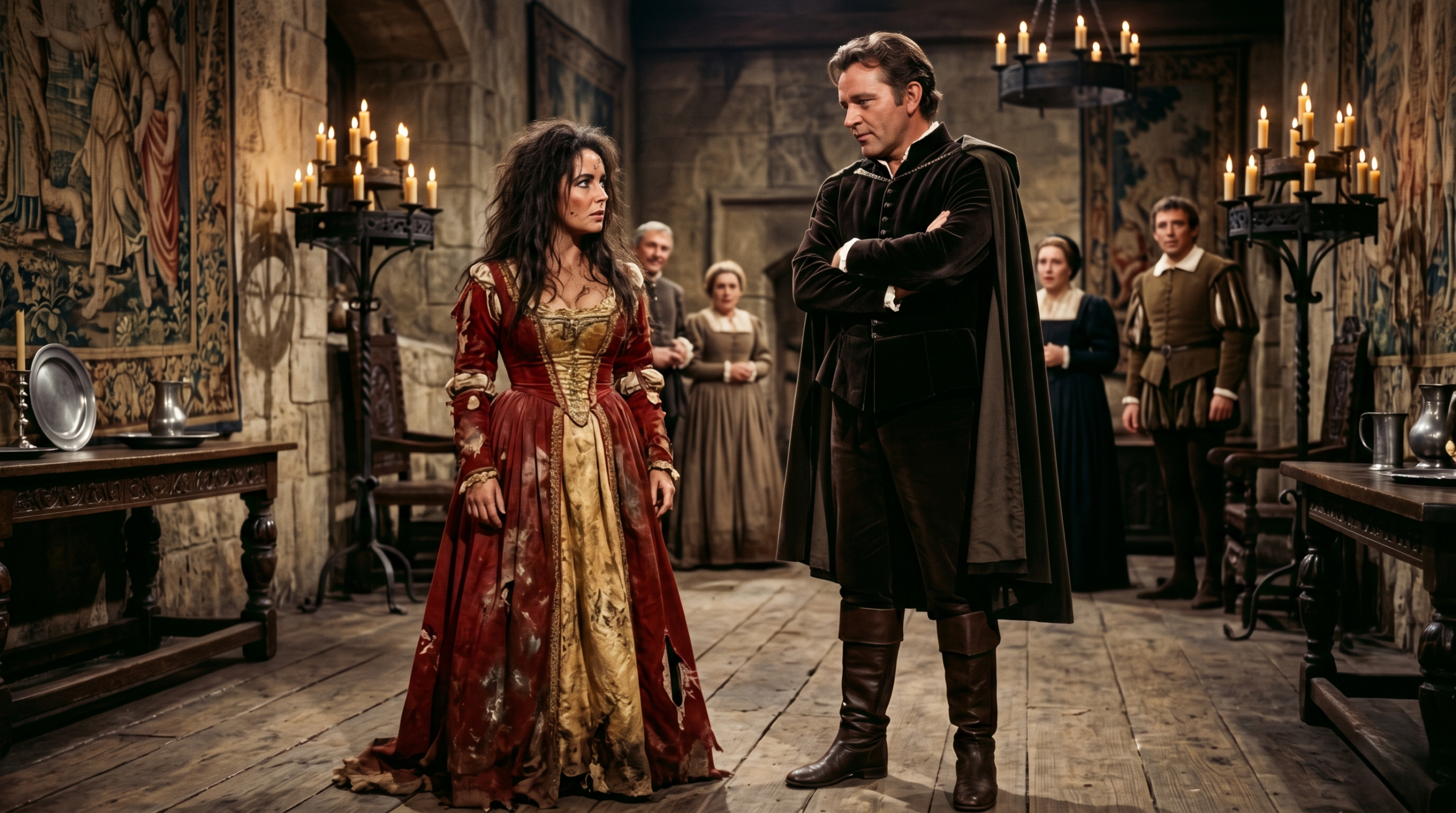 Visually compelling scene depicting the fierce battle of wits and emotional struggle in the 'taming' process, central to The Taming of the Shrew adaptations.