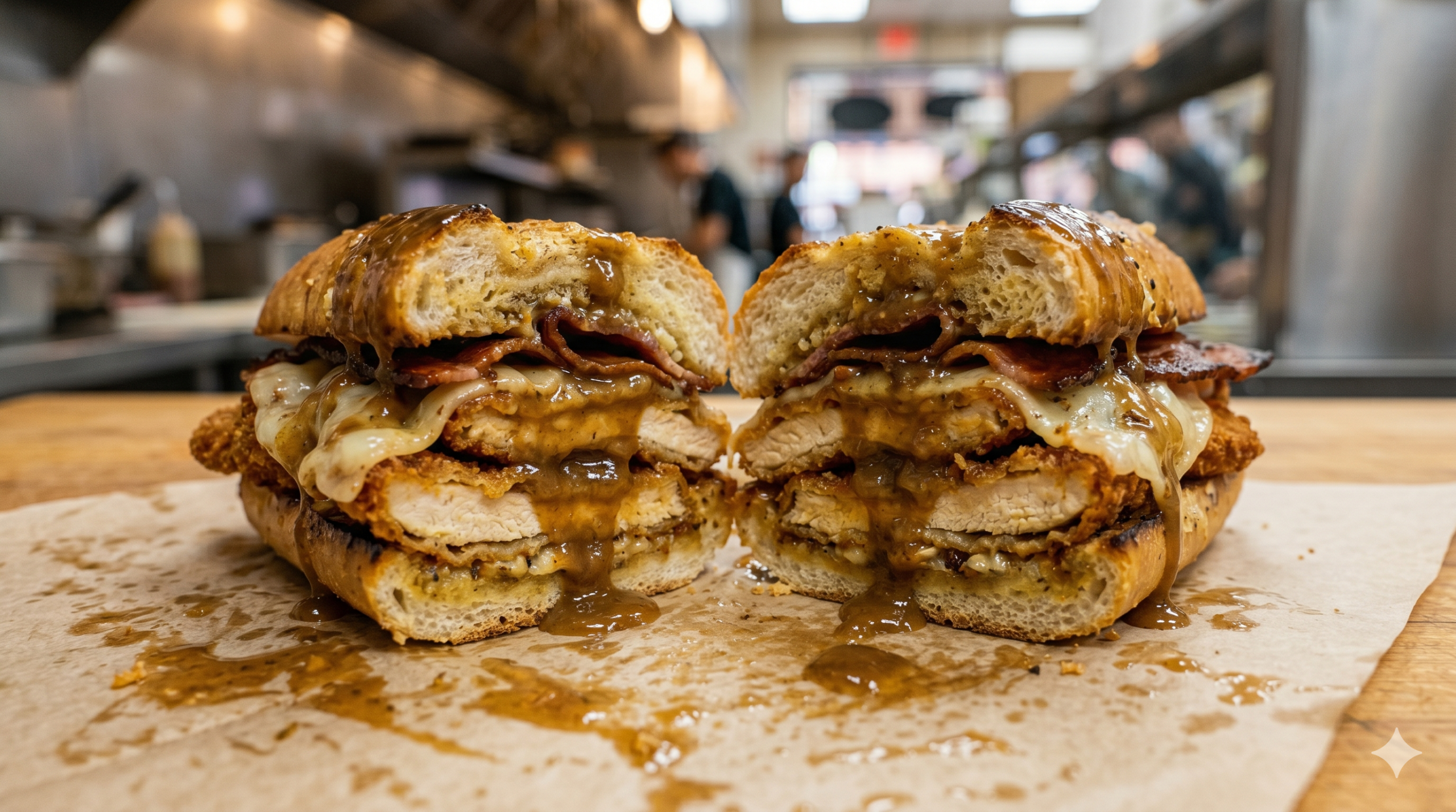 High-definition close-up of the Othello Bad Boy hero sandwich, showing crispy chicken, bacon, Swiss cheese, and glistening brown gravy.