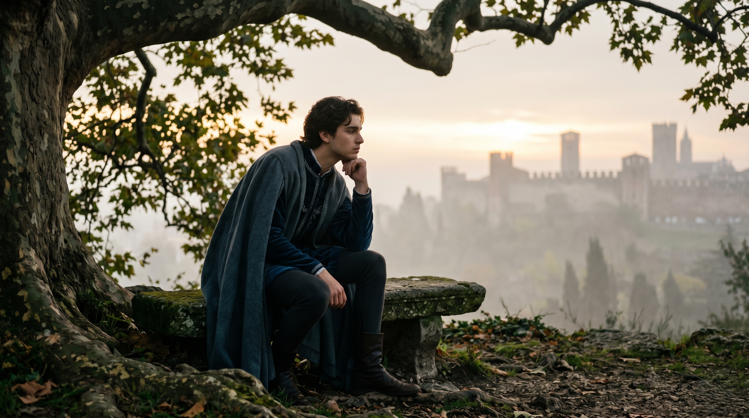 A solitary, melancholic Romeo Montague, dressed in deep blue Renaissance attire, sitting under a sycamore tree at sunrise, symbolizing his introspective character.