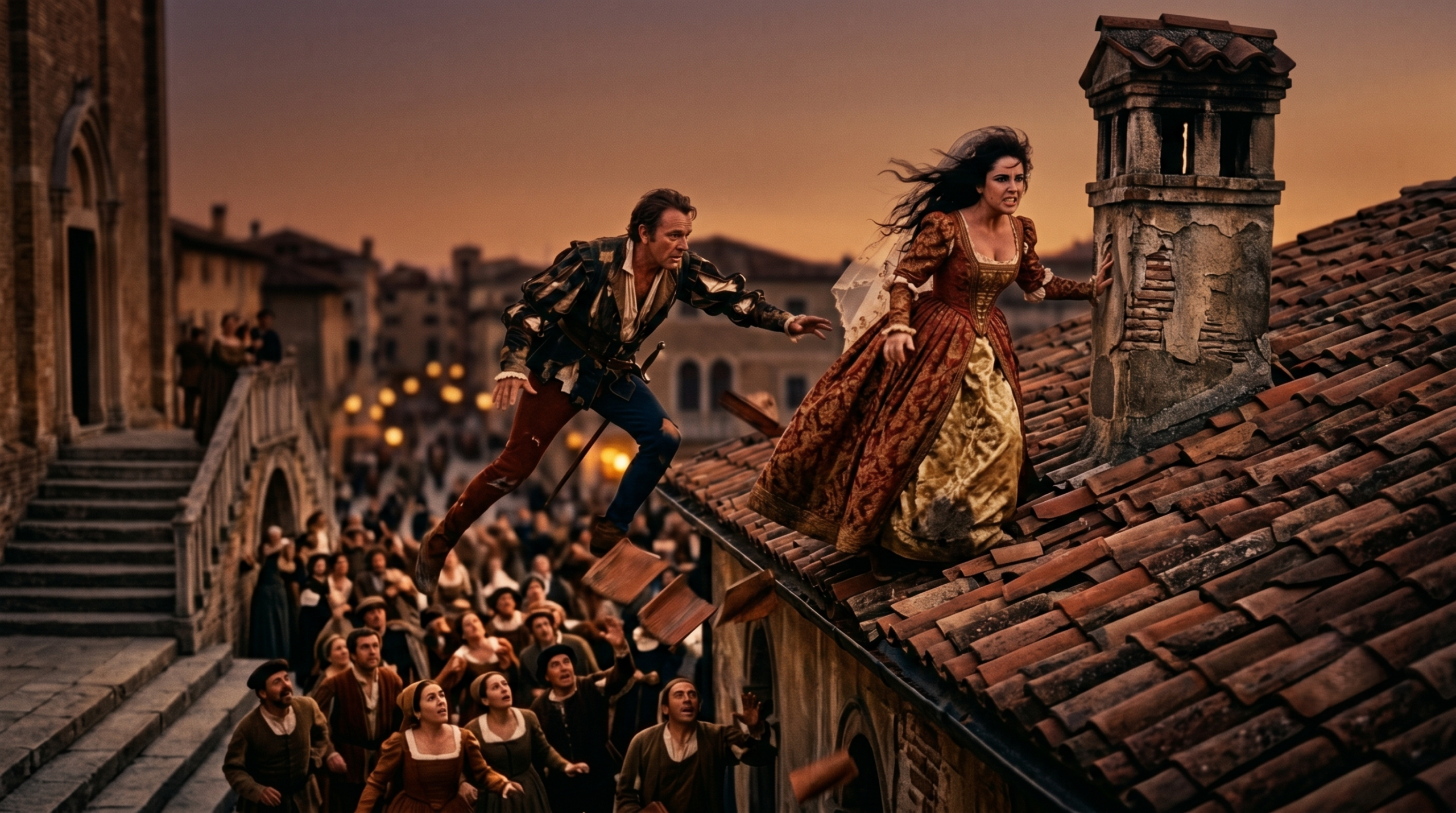 A high-quality action still from Zeffirelli's 1967 'The Taming of the Shrew' film, depicting Richard Burton chasing Elizabeth Taylor across a Renaissance rooftop at sunset.