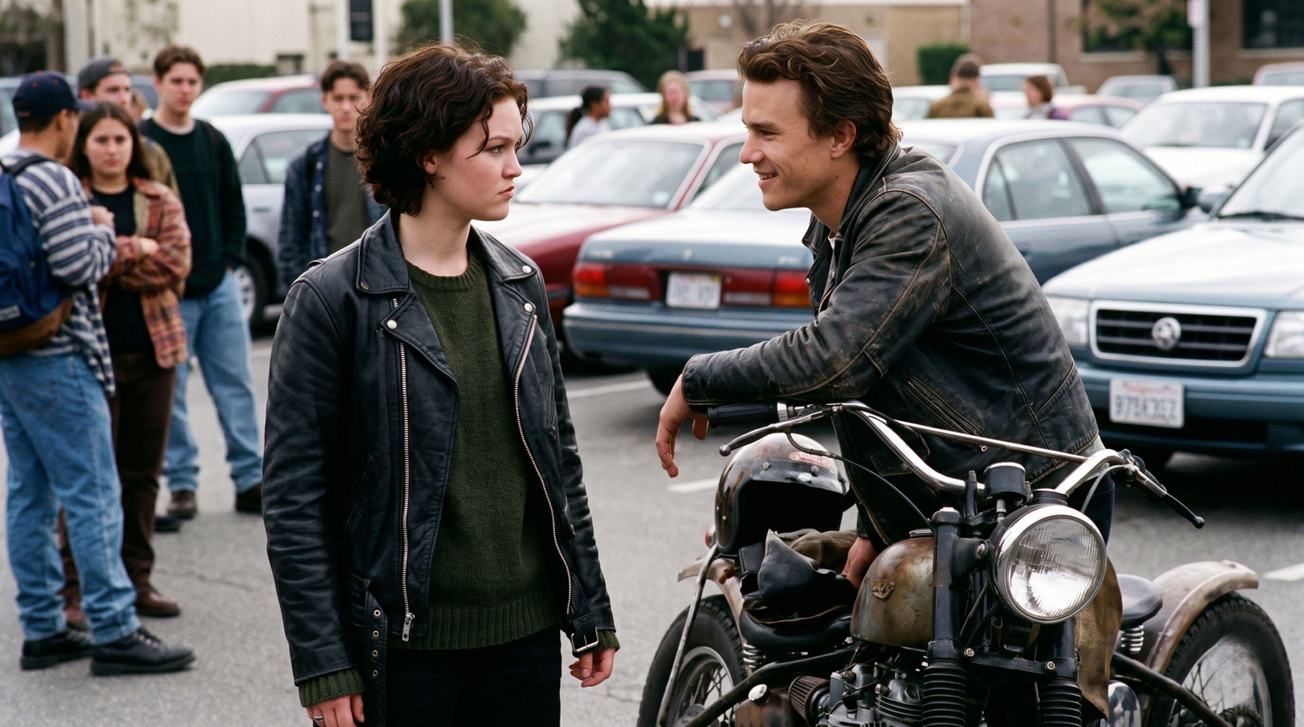 Kat Stratford and Patrick Verona in a late-90s high school setting, capturing the modern agency and independence in 10 Things I Hate About You.