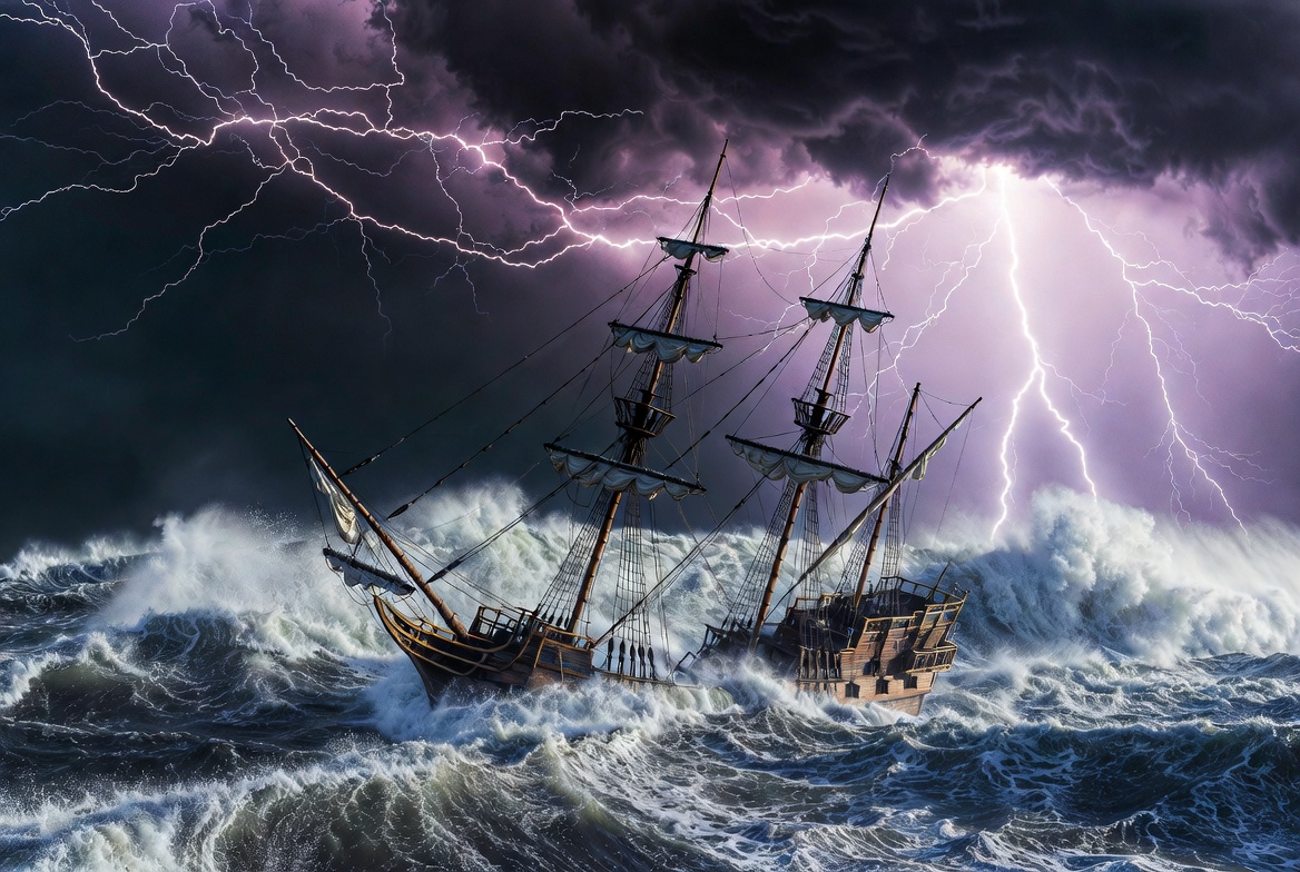 A visualization of the dramatic shipwreck scene that opens Act 1 of Shakespeare's The Tempest, caused by Prospero's magic.Note: Place this image under the subheading: Act 1: The Storm and the Survivors (Specifically, below 'Scene 1: The Shipwreck')