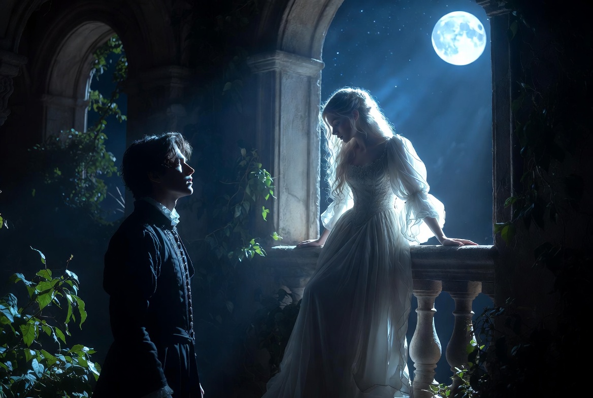 Romeo gazing at Juliet on the balcony in moonlight Shakespeare scene