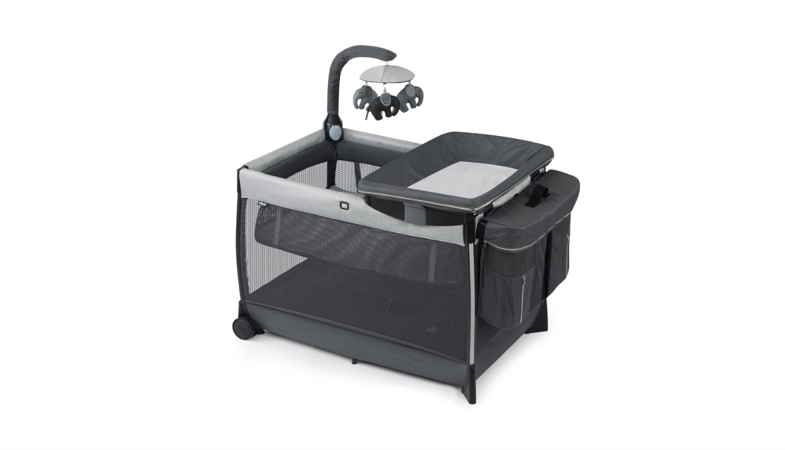 Chicco Lullaby Zip All-in-One Portable Playard, Infant Bassinet and Changer, Electronic Toy Bar, Toddler Playard, Travel Friendly | Driftwood/Grey