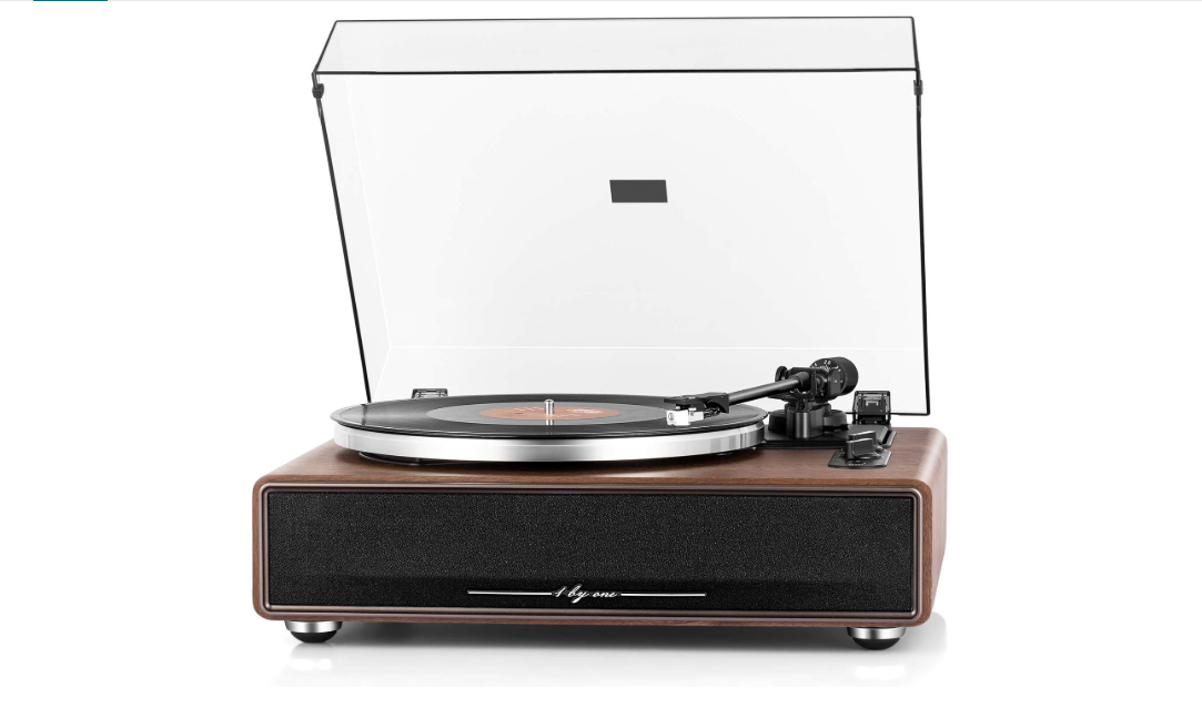 1 BY ONE High Fidelity Belt Drive Turntable with Built-in Speakers, Vinyl Record Player with Magnetic Cartridge, Wireless Playback and Aux-in Functionality,...