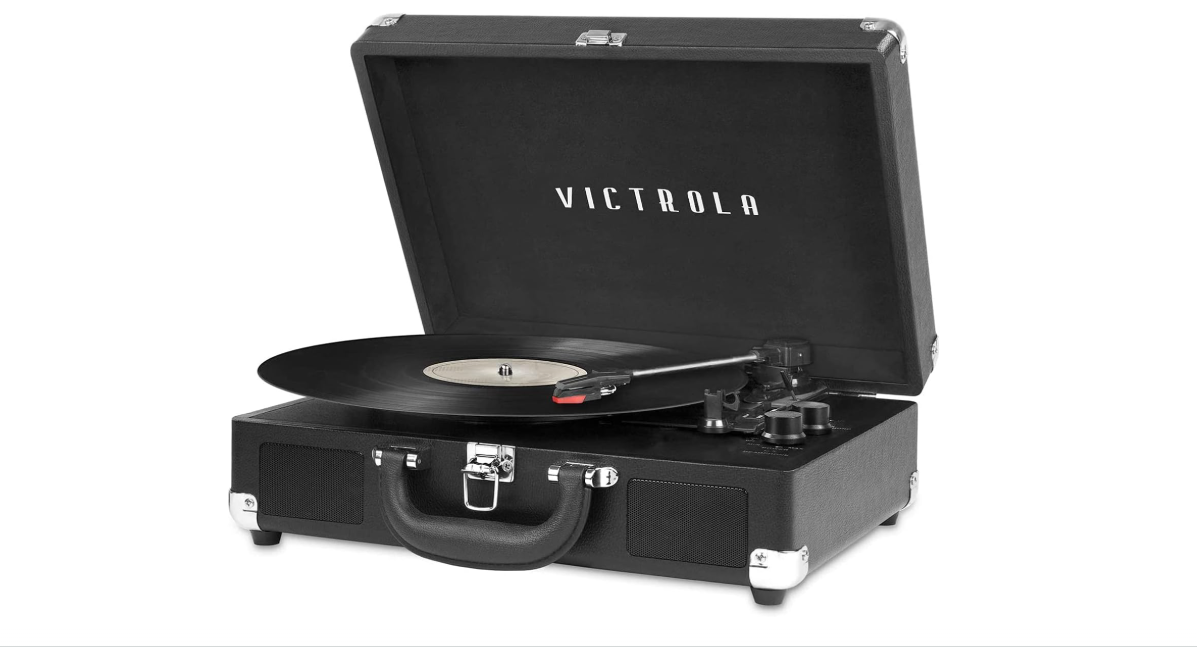 Victrola Journey Bluetooth Portable Suitcase Record Player – with Built-in Speakers, 3 Speed Vinyl Record Player, RCA Out, Headphone Jack (Black)