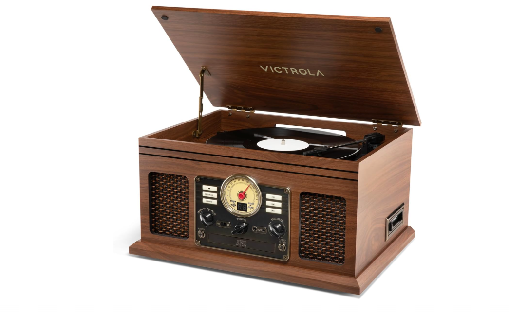 Victrola The Quincy 6-in-1 Bluetooth Record Player & Multimedia Center with Built-in Speakers – 3-Speed Turntable, CD & Cassette Player, FM Radio,...