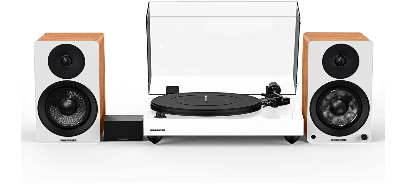 Fluance Reference RT82 High Fidelity Vinyl Turntable (White), PA10 Phono Preamp, Ai41 Powered 5" Bookshelf Speakers (Lucky Bamboo), Ortofon OM10...