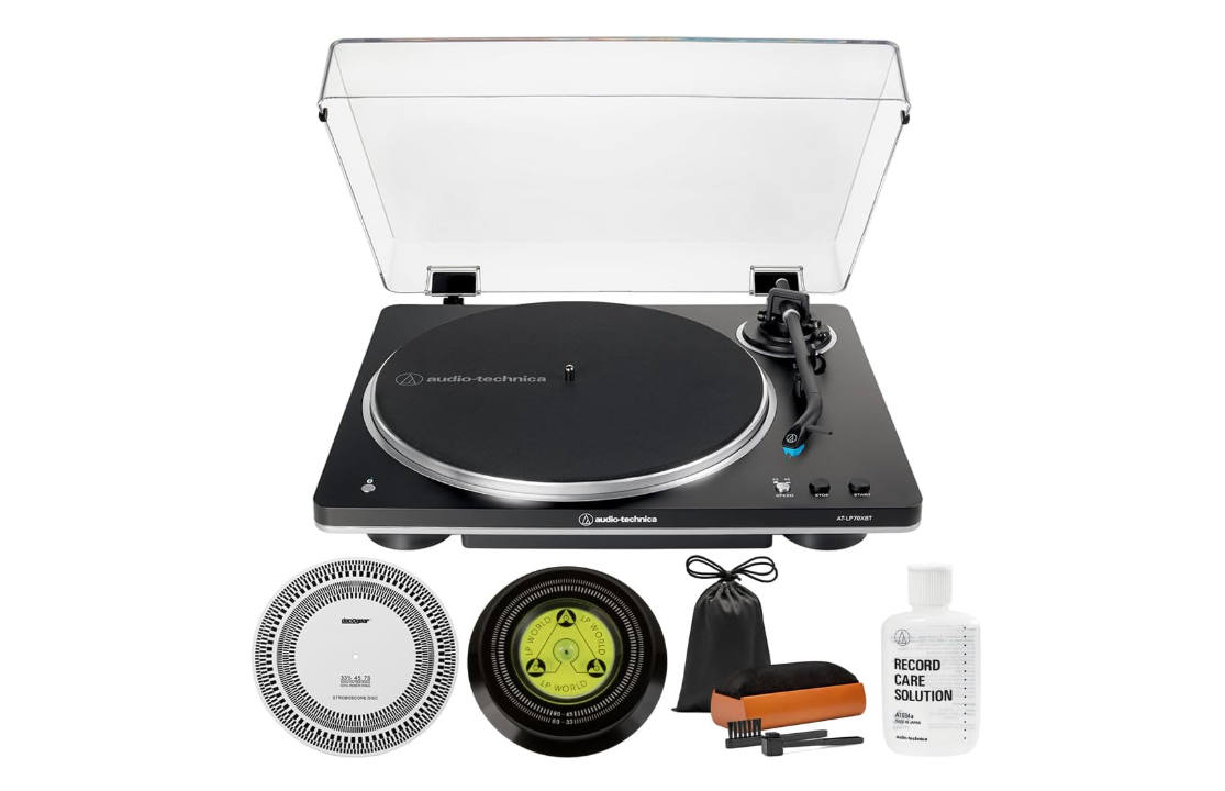 Audio-Technica AT-LP70XBT-BS Fully Automatic Wireless Belt-Drive Turntable, Black/Silver Bundle with Record Care Solution, Deco Gear Cleaning Kit,... 