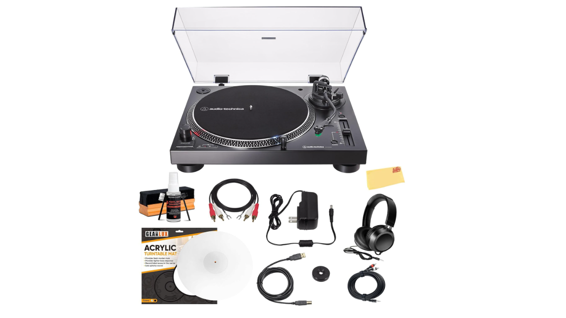 Audio-Technica AT-LP120XUSB Direct-Drive Turntable with Analog and USB Outputs - Black Bundle with Headphones, Cable, Slip Mat, Cleaning Kit, and Austin... 