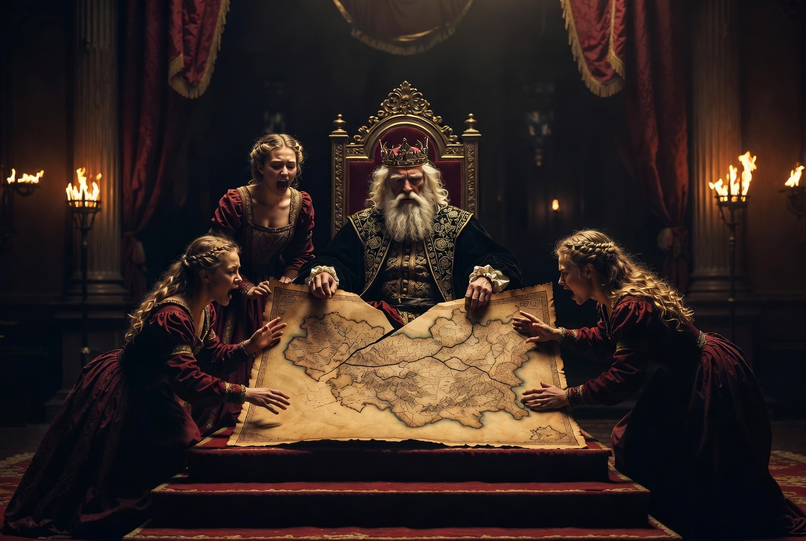 King Lear dividing his kingdom showing family favoritism and loyalty tests