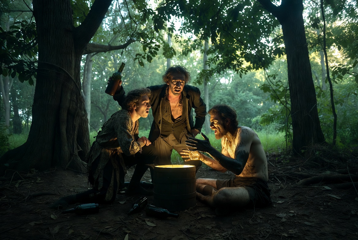 Stephano, Trinculo, and Caliban plotting to overthrow Prospero in a dense island forest.Note: Place this image under the subheading: Act 2: Plots, Murder, and Monsters (Specifically, below 'Scene 2: The Fools Meet the "Monster"')