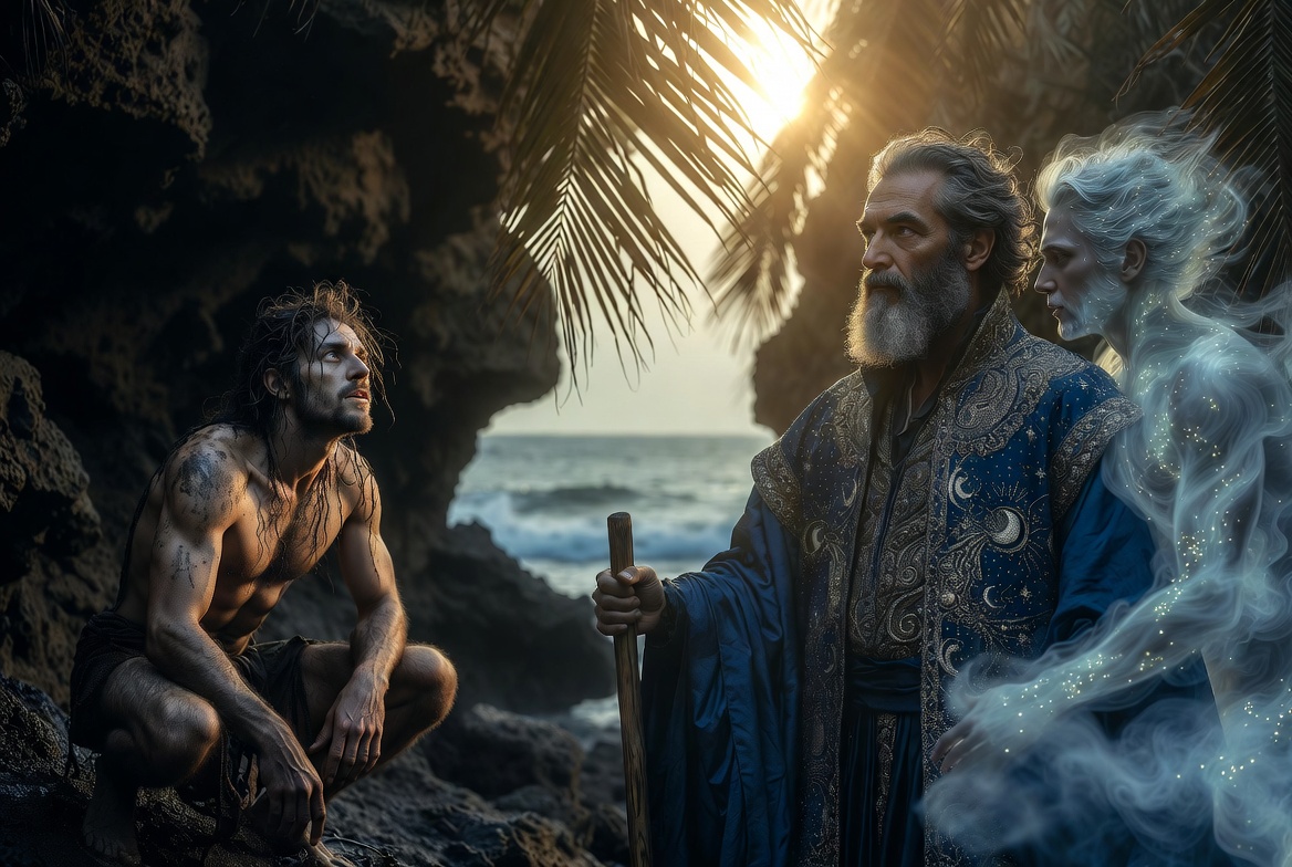 A dramatic visualization of the main characters: Prospero with his staff, hovering Ariel, and Caliban in a rocky cave.Note: Place this image directly under the heading: Before You Read: The Tempest Cheat Sheet