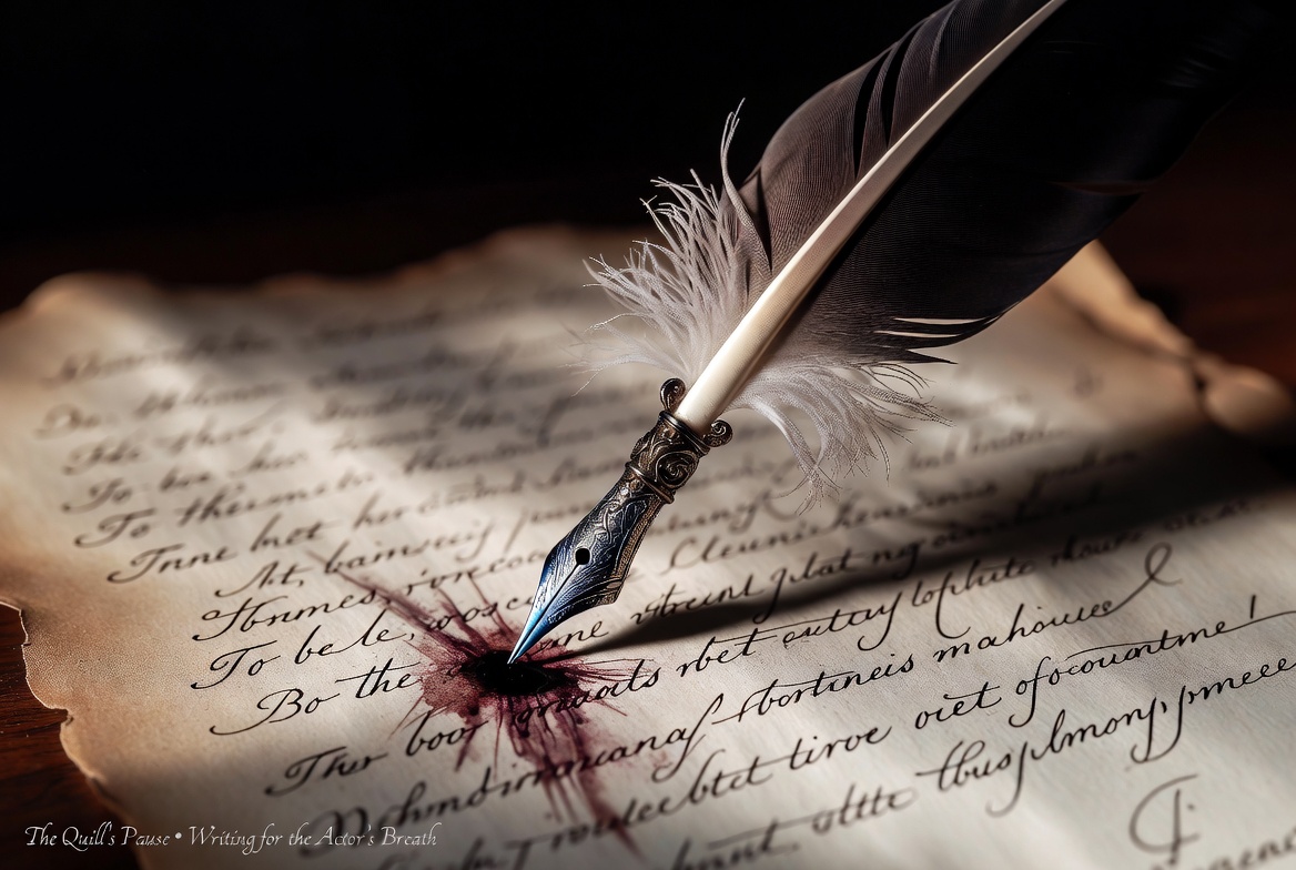 A macro, close-up photograph focuses sharply on the dark metal nib of a feather quill, consistent with image_0.png, hovering just above aged parchment as a single, glistening ink droplet forms at the tip, capturing the tactile physicality of the moment a writer pauses for punctuation and breath during the creation of a quill sentence.