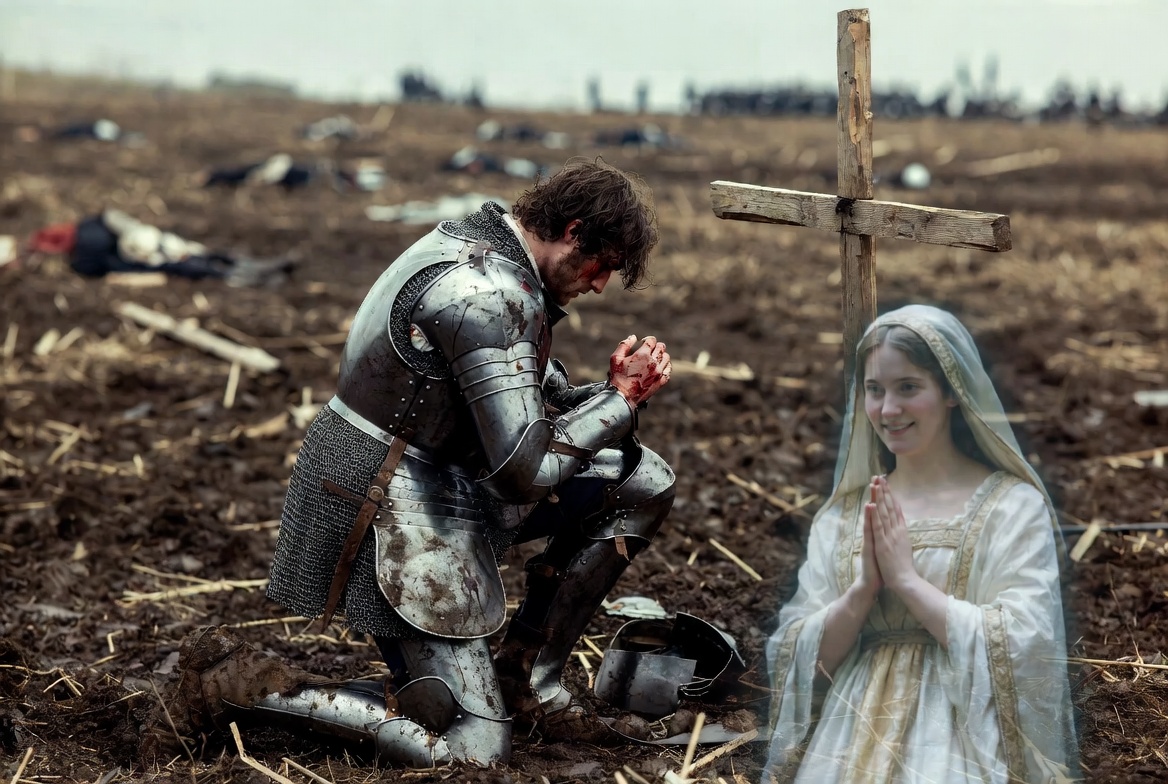 King Henry V in prayer on the Agincourt battlefield, with a ghostly vision of his pious mother, Mary Bohun, illustrating her enduring influence.