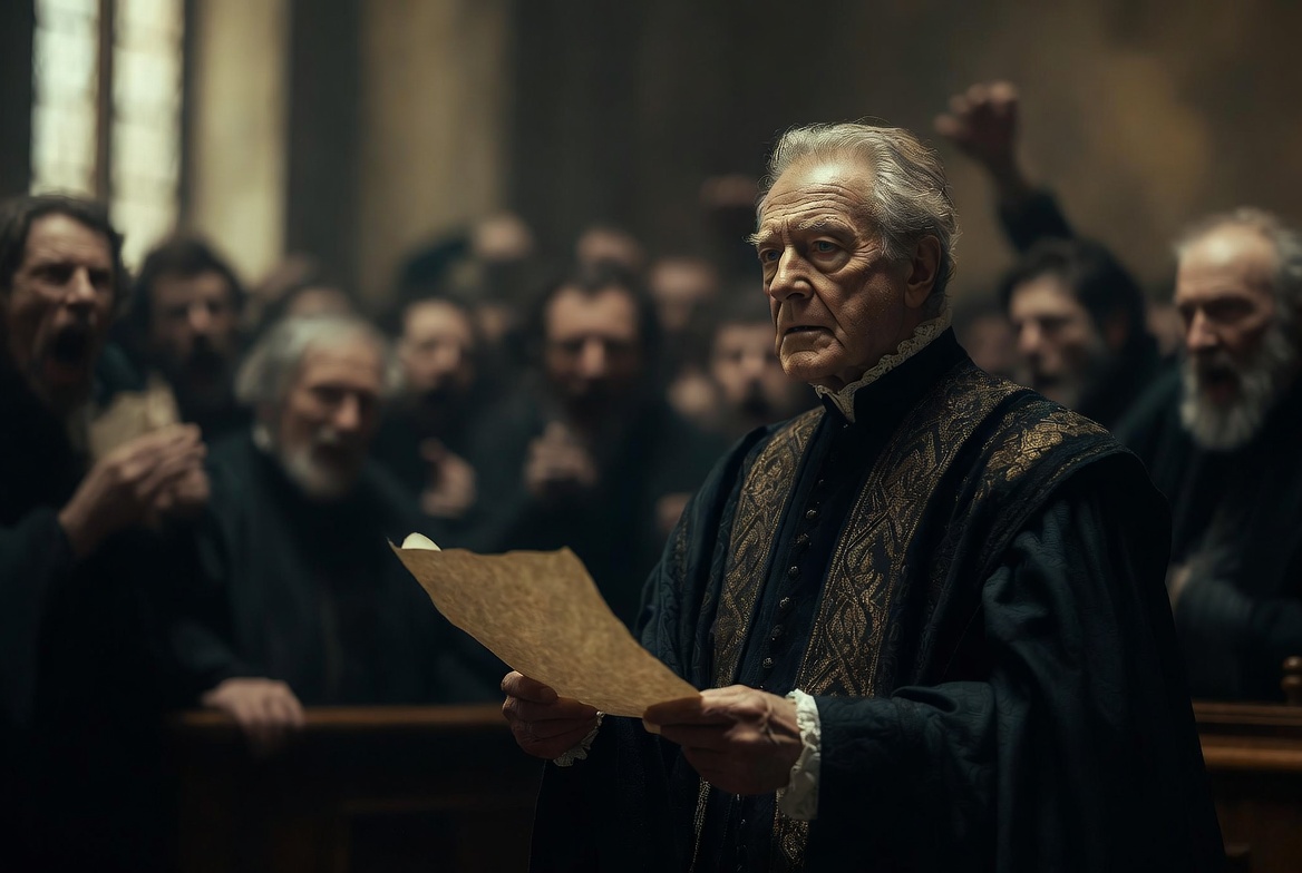 A dramatic medium shot of a distinguished Renaissance nobleman defending his son in a dimly lit courtroom, representing Lord Montague's scene in Act 3 of Romeo and Juliet.