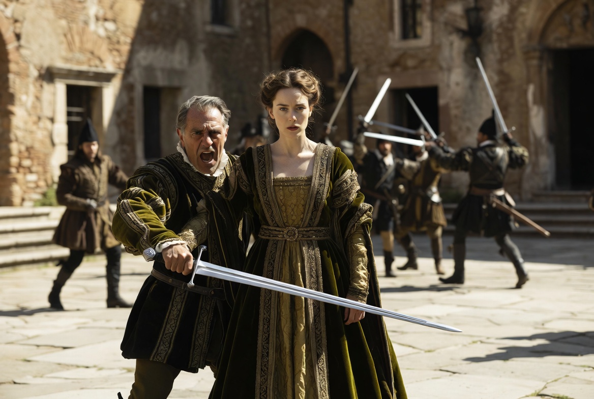 Lady Montague from Romeo and Juliet physically restraining her husband from joining a street fight in Act 1 Scene 1.