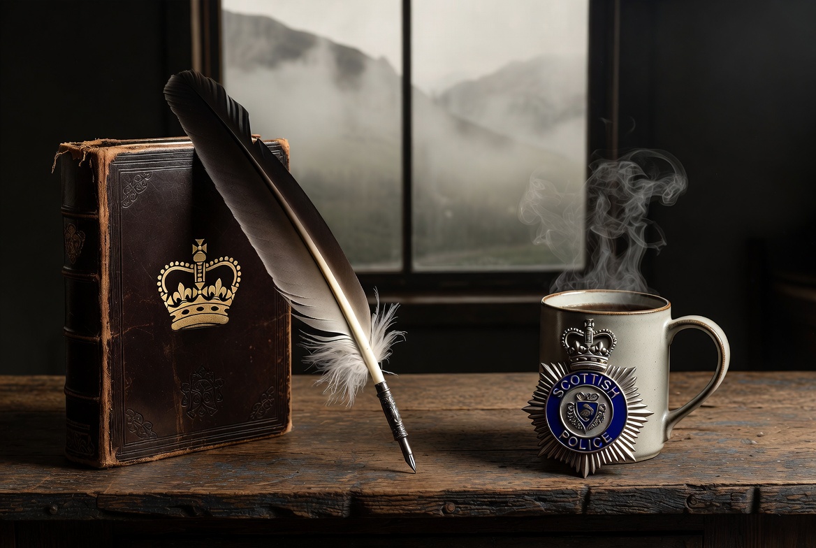 A literary still life comparing classic Shakespearean tragedy elements with a modern Scottish police badge to analyze Hamish Macbeth.