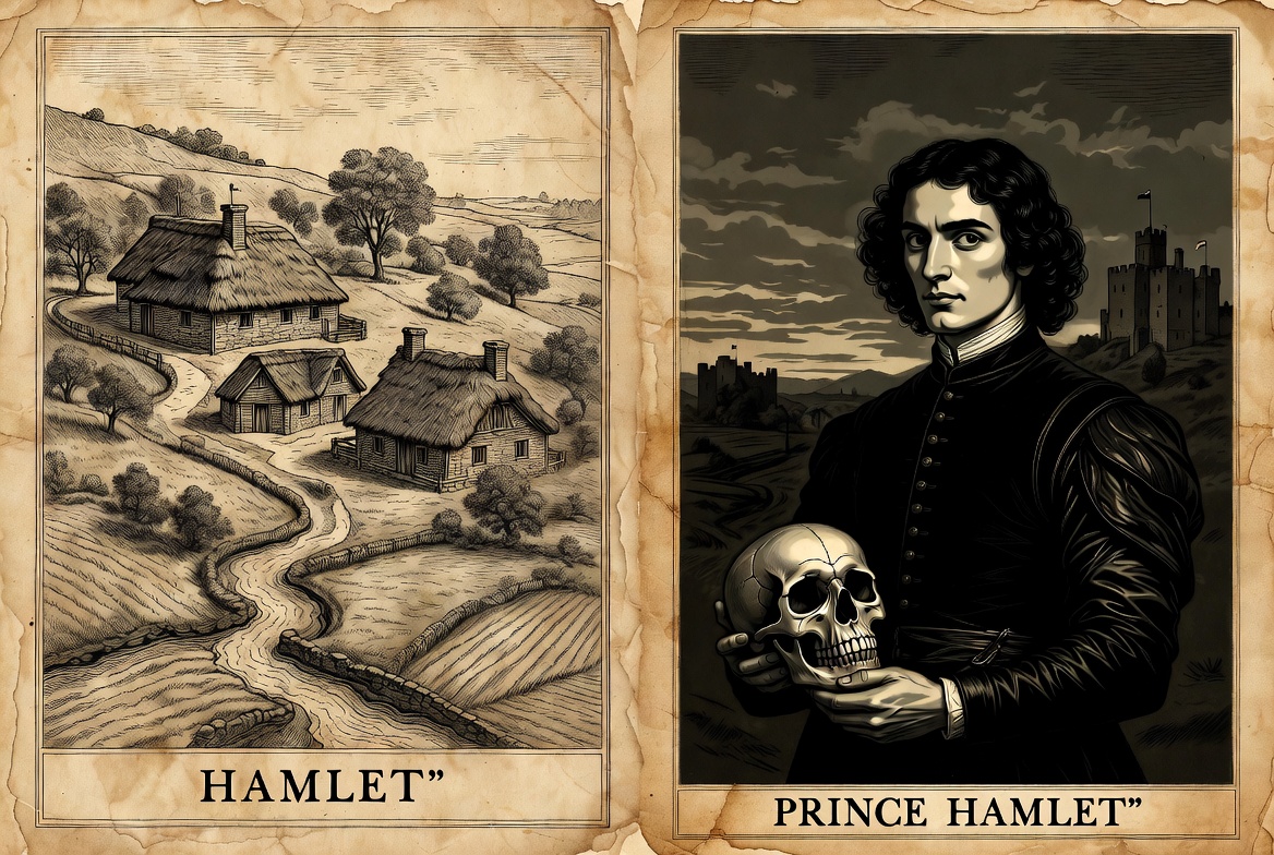 A side-by-side illustration comparing the definition of a small geographical 'hamlet' village and William Shakespeare's character 'Prince Hamlet.'