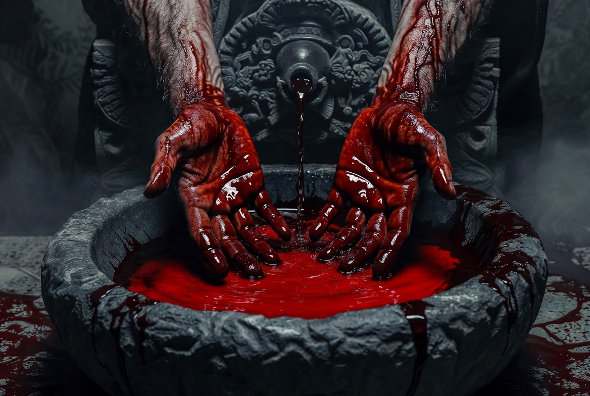 A conceptual image of Macbeth's bloody hands dipping into water, turning the vast water red, symbolizing his inescapable guilt.