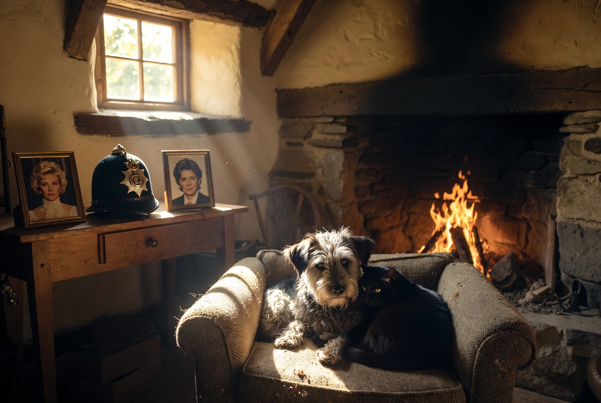 Hamish Macbeth cozy cottage interior with a terrier dog, police hat, and romantic mementos representing the series character arcs.
