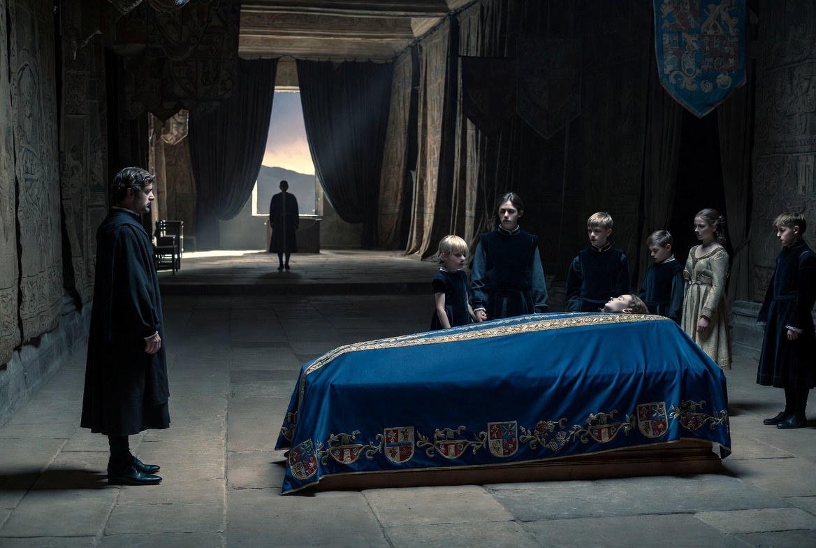 The mournful state burial of Mary Bohun at Peterborough Castle, with her husband Bolingbroke and young children, showing the loss of a mother and potential queen.