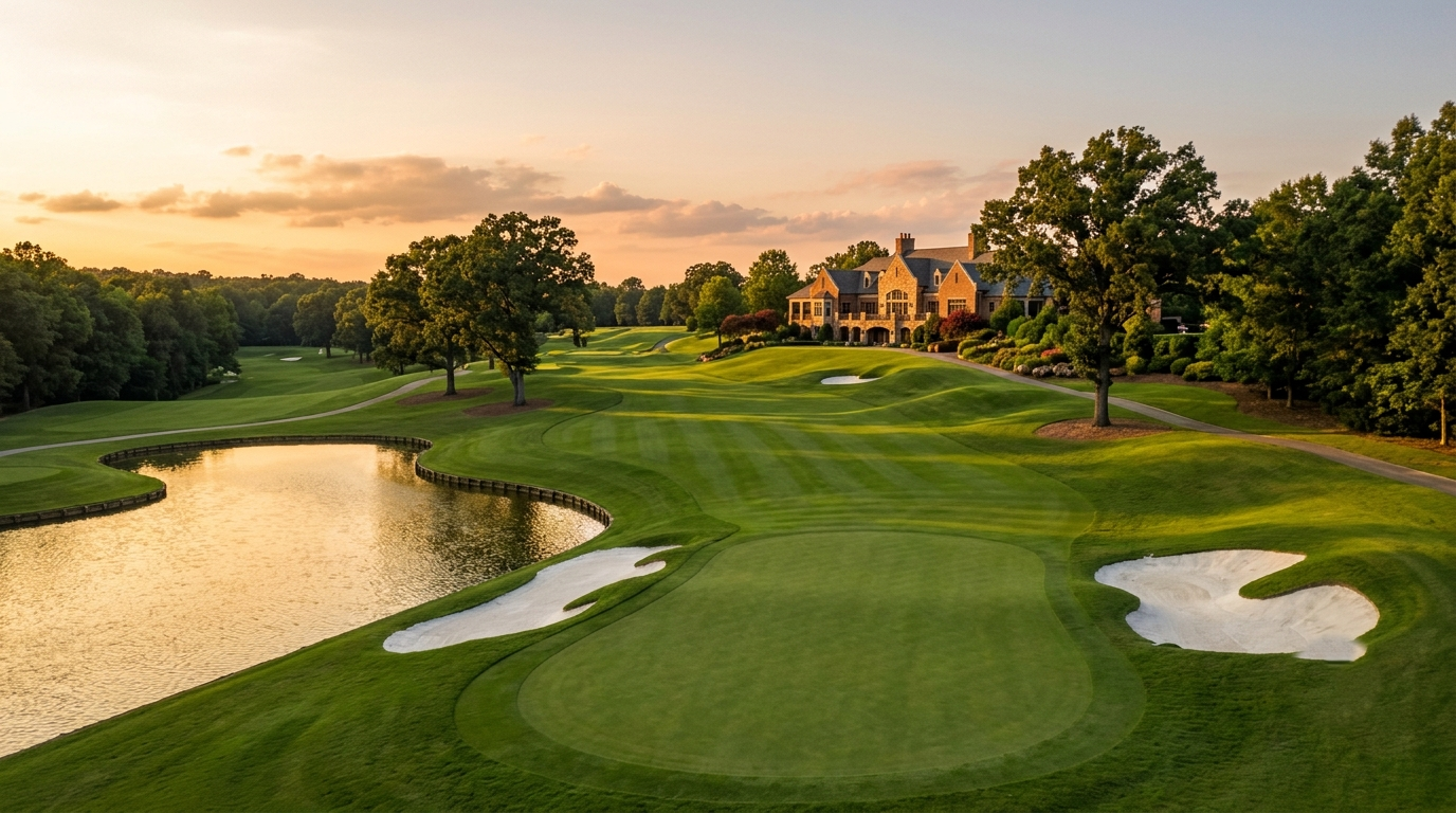 A captivating landscape shot showing a challenging back nine hole at the private Hamlet Country Club in Commack, Long Island.