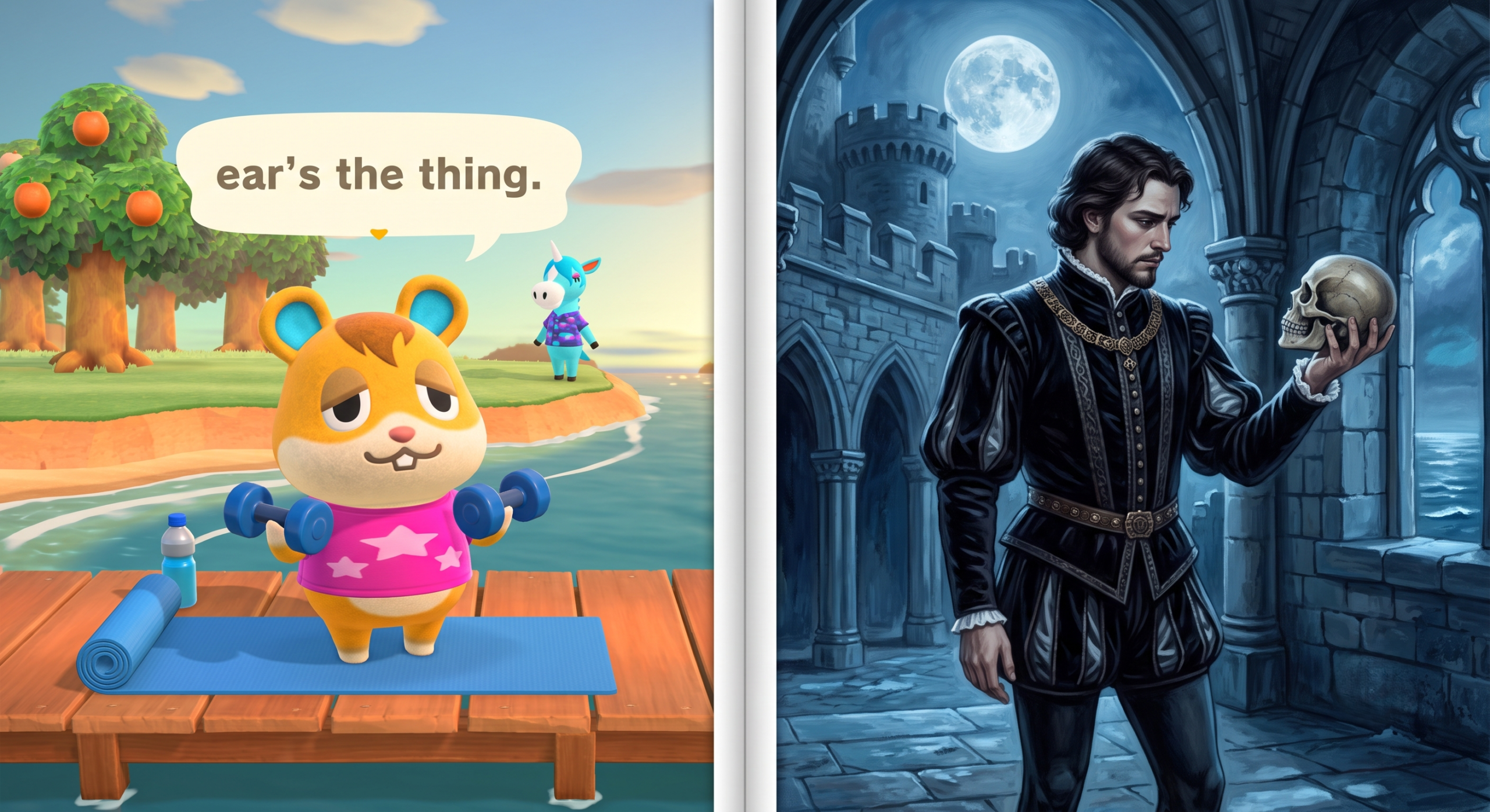 Complex Animal Crossing New Horizons island design guide featuring a detailed Globe Theatre, Elsinore Castle, and The Tempest beach zones.