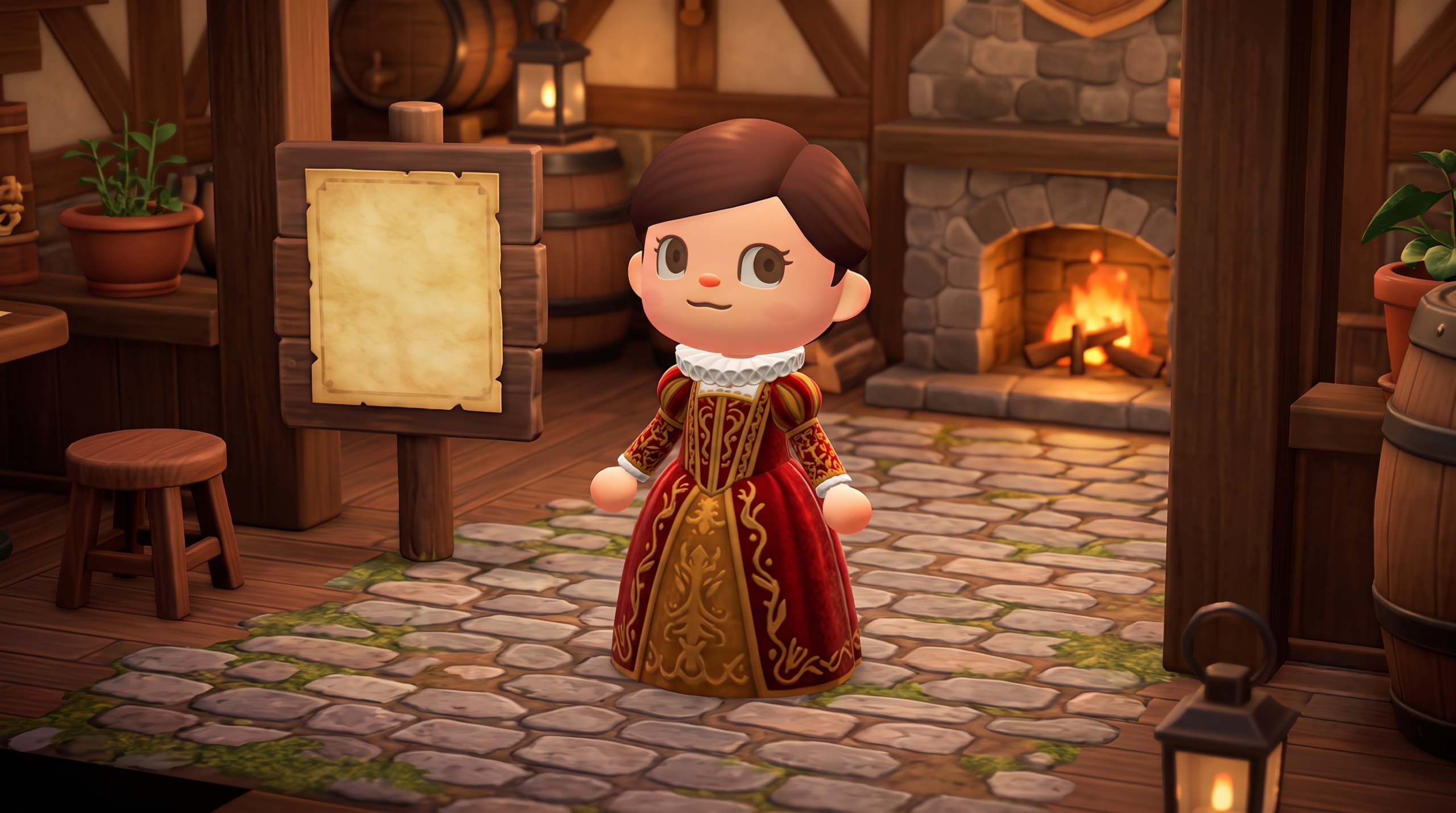 Animal Crossing New Horizons player character wearing a custom Elizabethan dress design code in a rustic tavern.