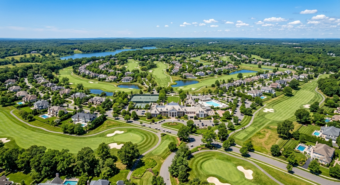 An aerial photograph showcasing the full integration of the upscale residential community and the private Hamlet Country Club in Commack, New York.