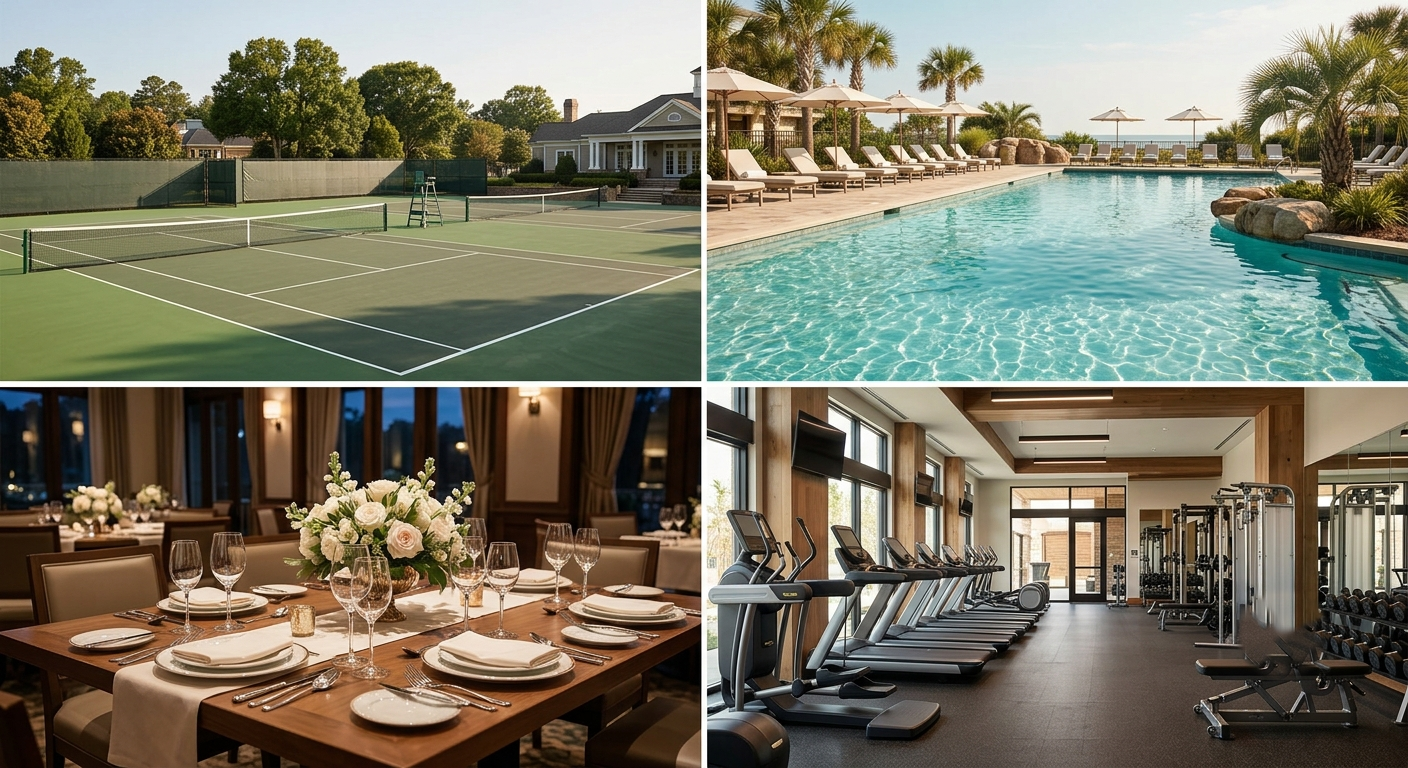 A photo collage illustrating the premium amenities like tennis, pool, dining, and fitness available at the Hamlet Country Club in Commack.