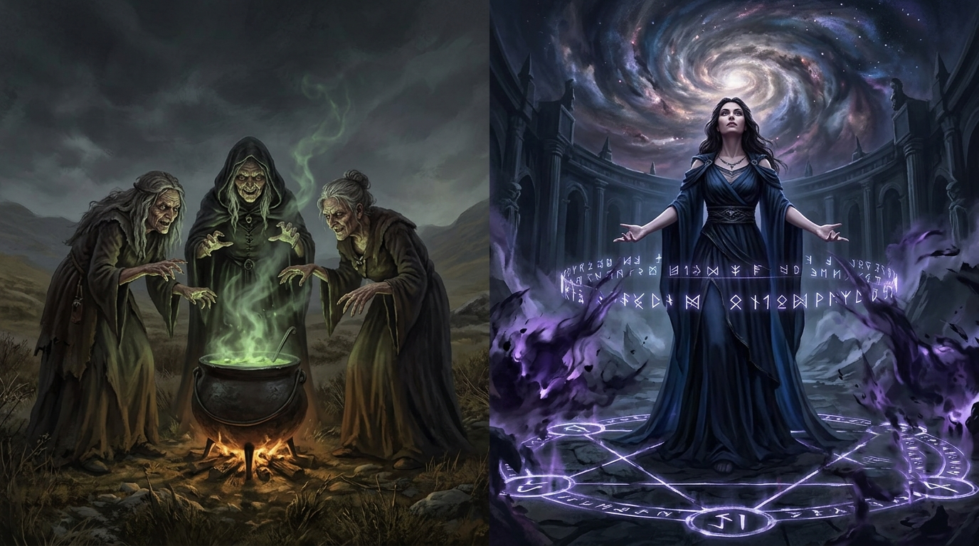 A cinematic split composition showing the three Weird Sisters performing petty witchcraft versus Hecate commanding grand, cosmic dark energy in Macbeth.