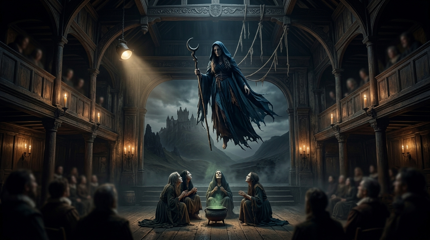 A reconstruction of Hecate descending from the ceiling via stage machinery in a candlelit, wooden Jacobean indoor theatre.