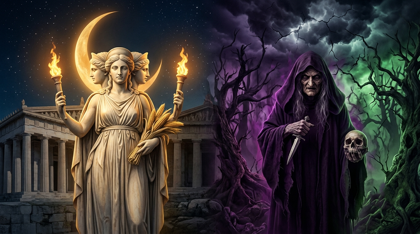 Conceptual fine art photo comparing the classical Greek goddess Hecate with her dark, demonic Jacobean portrayal in Macbeth.