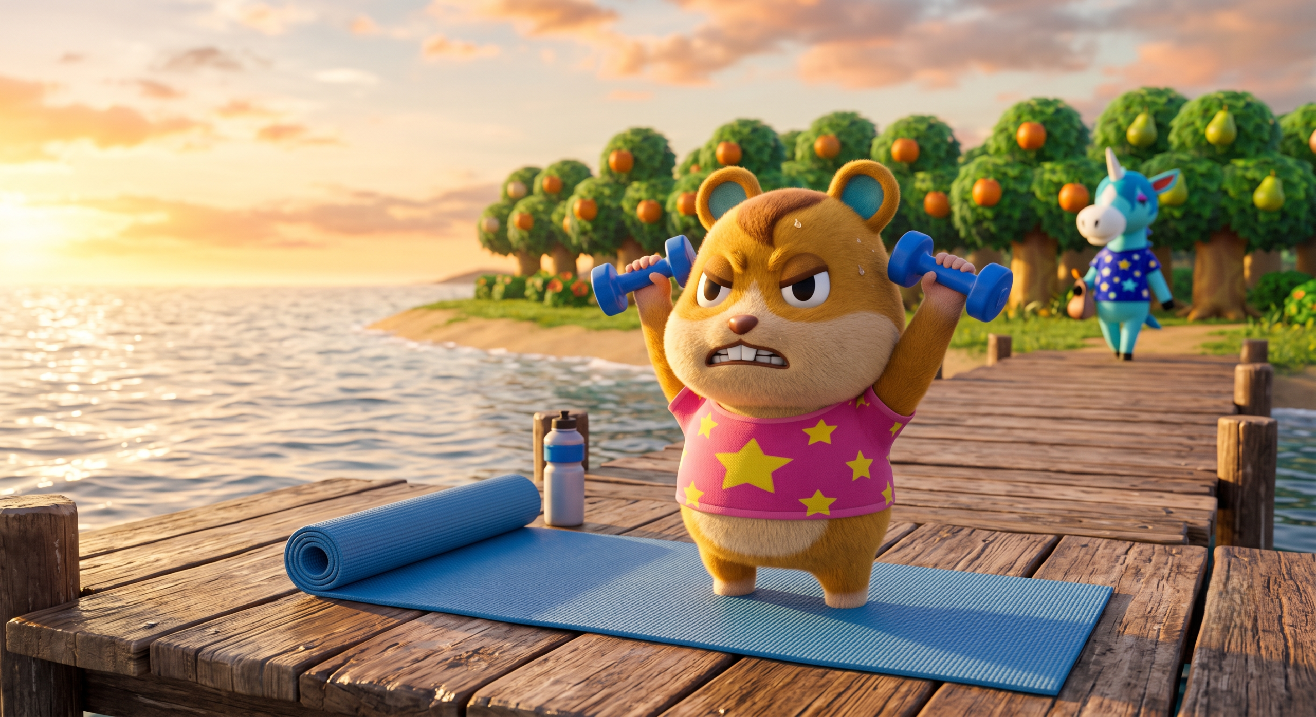 Hamlet the Jock Hamster villager in Animal Crossing New Horizons exercising with dumbbells on a pier.